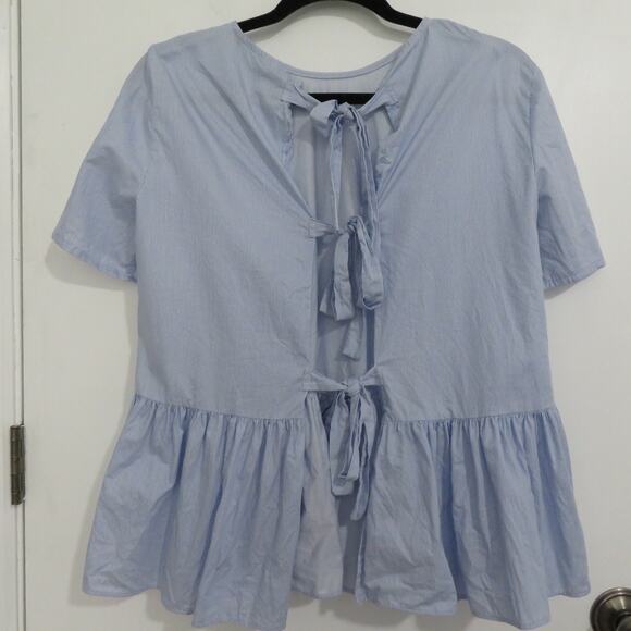 Zara Woman Women Sz M Blue White Striped Flowy Ruffle Hem Bow Tie Back Blouse - Picture 2 of 6